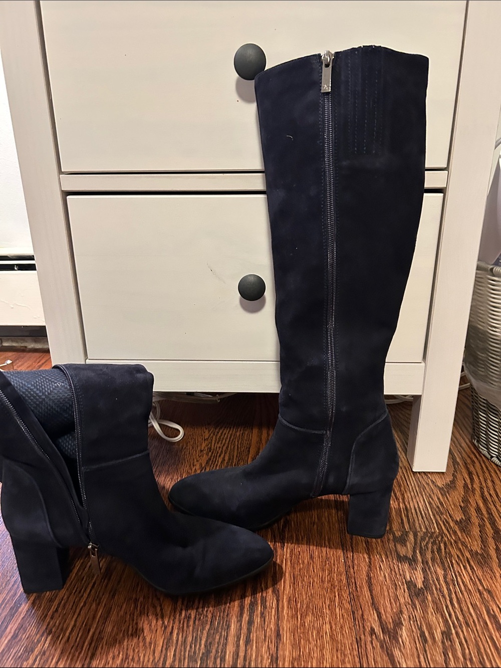 Aquatalia Navy Suede Knee-High Block Heel Boots